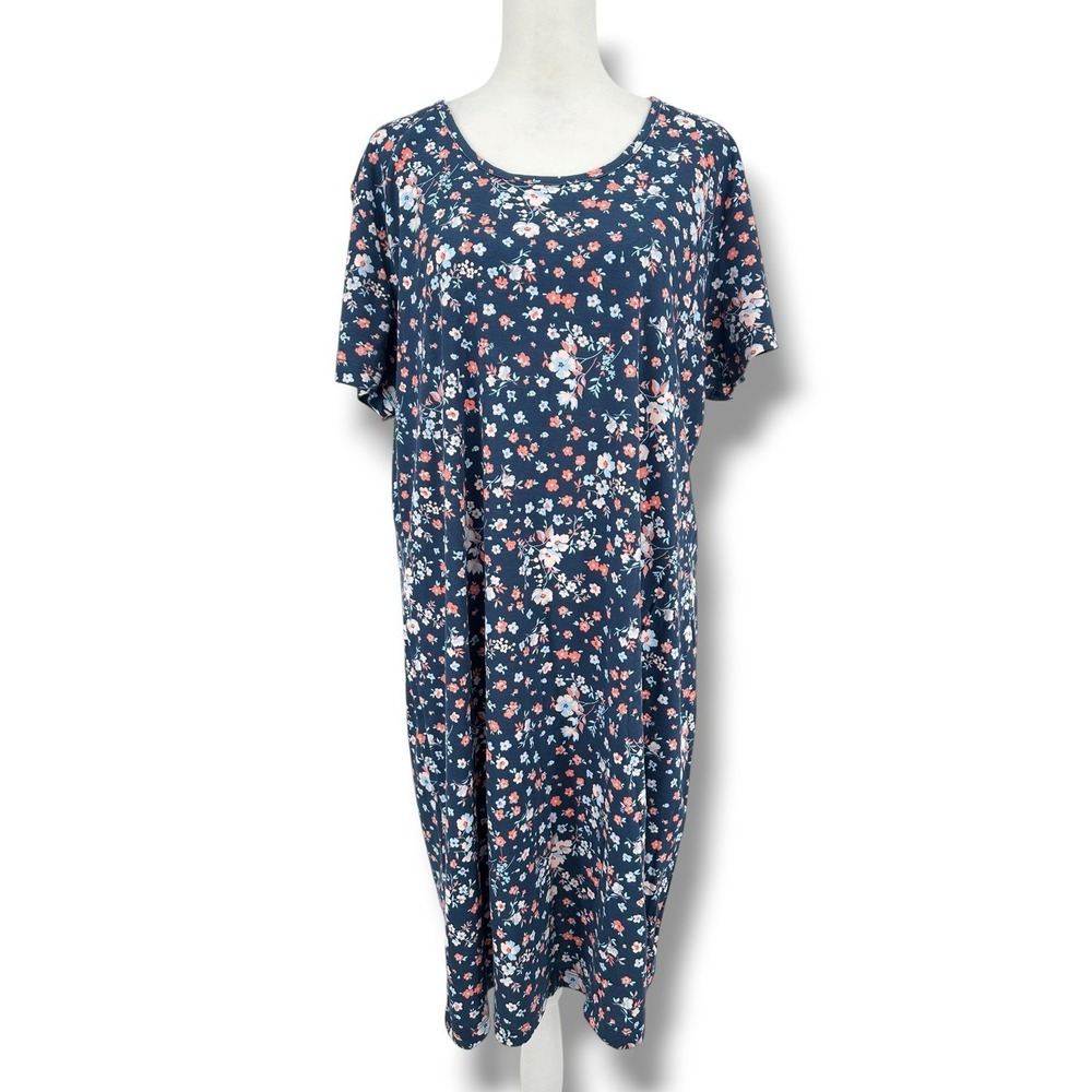 Lands' End Supima Cotton Floral T Shirt Dress XL Blue Cottagecore Casual NWT